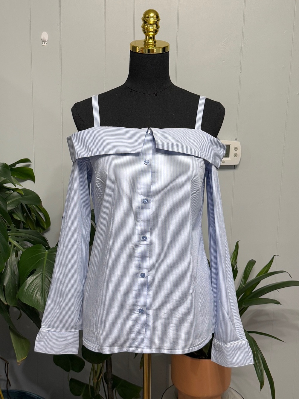 #17)  Como Vintage Light Blue Pinstripe Off-Shoulder Button-Down Top